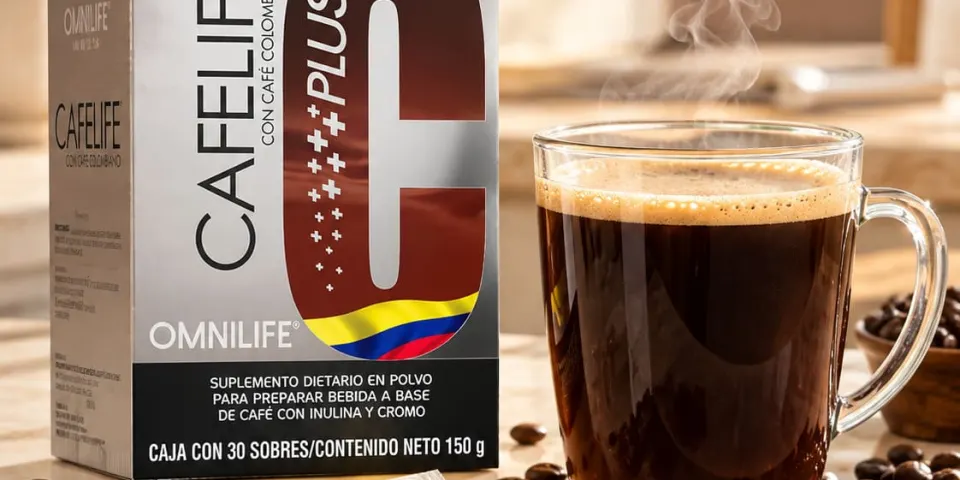 Caja de Cafelife Plus junto a una taza de café caliente y granos de café