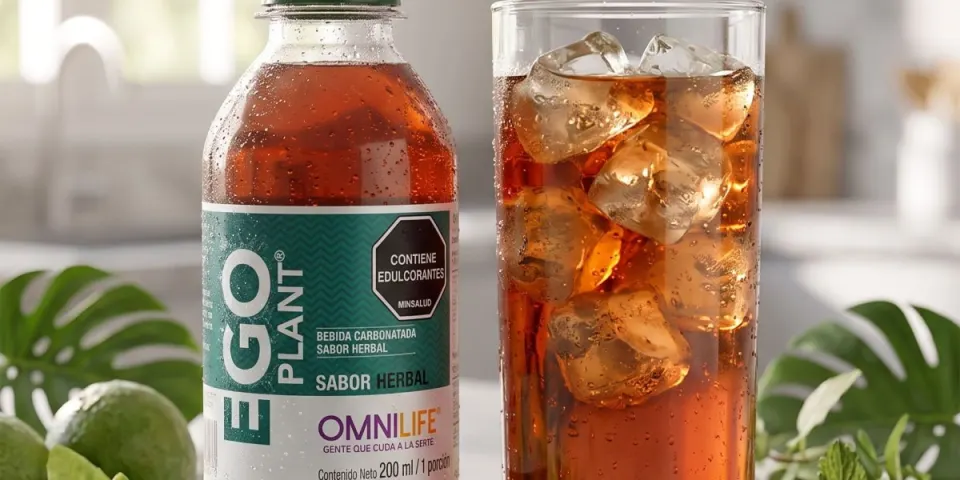 Botella de Ego Plant de Omnilife sabor herbal junto a un vaso con hielo