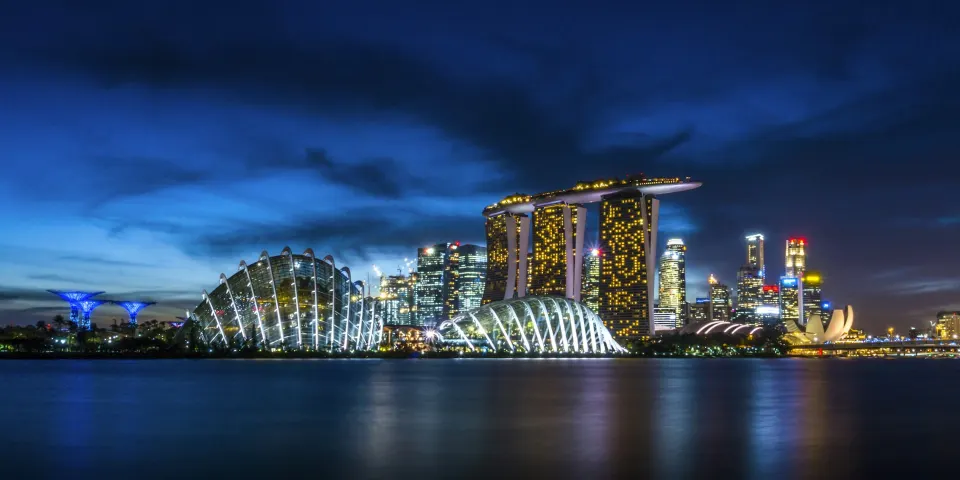 Bahía de Singapur iluminada de noche