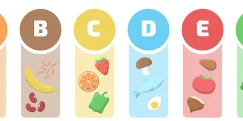 Ilustración de vitaminas y los alimentos donde se encuentran