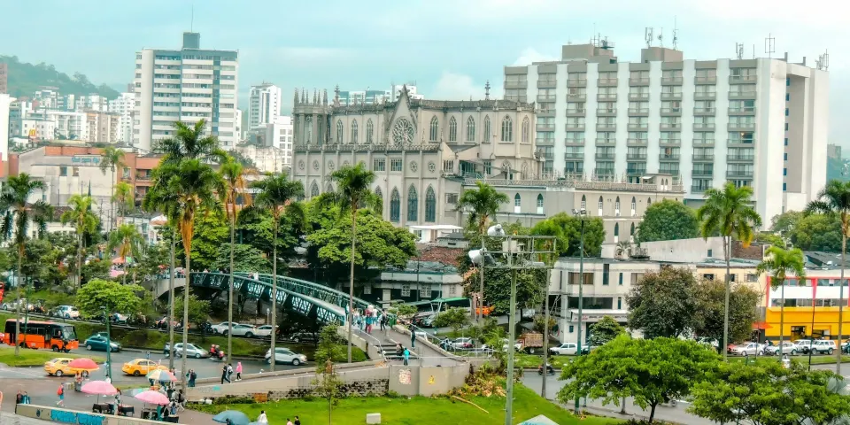 Plaza del centro de Pereira con palmeras y edificios