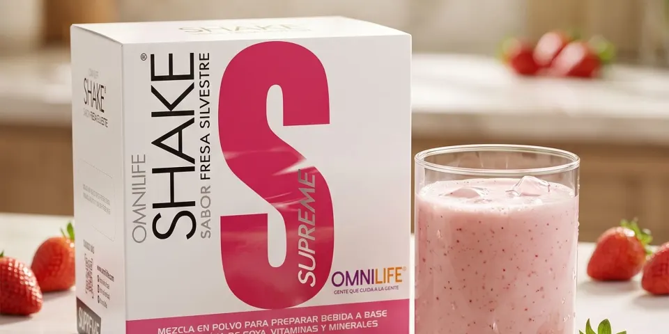 Caja de Shake Supreme sabor fresa silvestre junto a un vaso de batido rosado y fresas