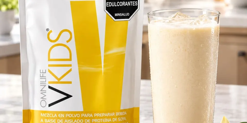 Empaque de Vkids de Omnilife sabor vainilla junto a una bebida